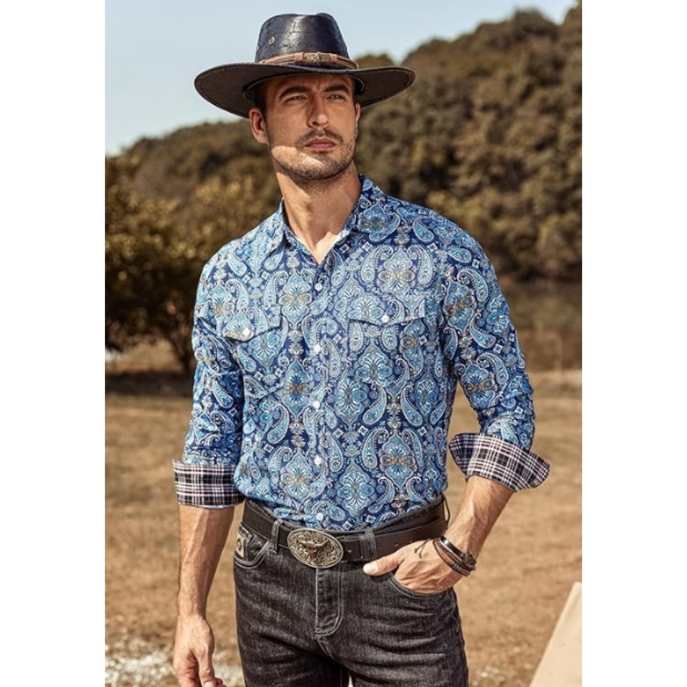 Coofandy Long Sleeve Men's Size L Button Up Paisley Floral Gold Blue Shirt‎